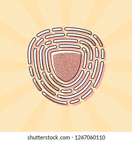 Shield in fingerprint. Logo of protect private id. Security icon. Vintage retro typography with offset printing effect. Dots poster with comics pop art background