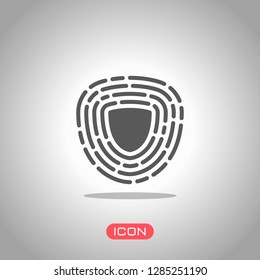 Shield in fingerprint. Logo of protect private id. Security icon. Icon under spotlight. Gray background