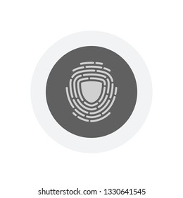 Shield in fingerprint. Logo of protect private id. Security icon. Icon in colored circle with gray bold border. Web button, modern flat design
