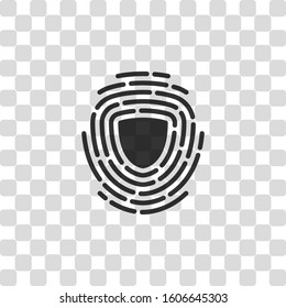 Shield in fingerprint. Logo of protect private id. Security icon. Black symbol on transparency grid