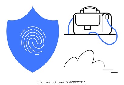 Shield with fingerprint symbol, briefcase with connection cable, and cloud icon. Ideal for cybersecurity, remote work, data protection, IT services, cloud computing, identity verification, mobile