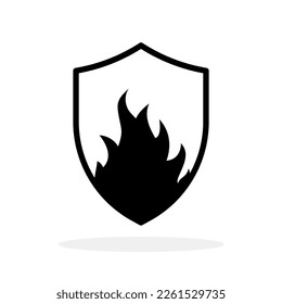 Shield with fire. Flame shield icon. Abstract logo design. Vector illustration.