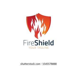 Shield Fire Flame Logo design vector template. Fire Logotype concept icon Illustration