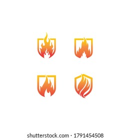 Schild mit Brandflamme Logo-Vorlage, Vektorgrafik
