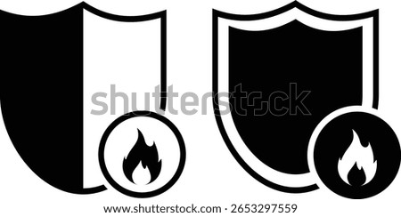 Shield with fire icon set. Heat resistant sign. Fire resistance. Shield with fire, isolated on white background. Vector illustration
