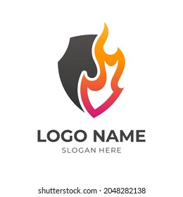 shield fire logo concept, shield and fire, combination logo with flat orange and black color style