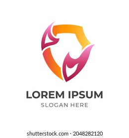 shield fire logo design, shield and fire, combination logo with flat yellow and red color style