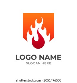shield and fire logo design template concept vector with flat red and orange color style