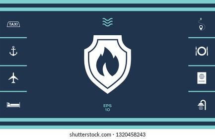 Shield with fire sign - protection icon. Graphic elements for your design