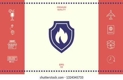 Shield with fire sign - protection icon. Graphic elements for your design