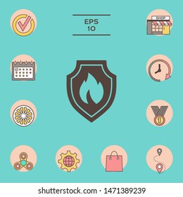 Shield with fire sign - protection icon. Graphic elements for your design