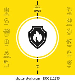 Shield with fire sign - protection icon. Graphic elements for your design