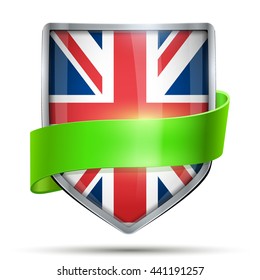 Shield with flag Great Britain and ribbon. Editable Vector Illustration isolated on white background.