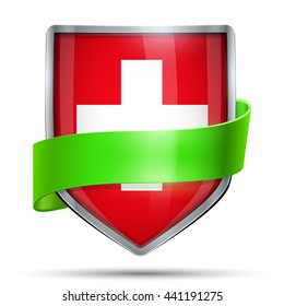 Shield with flag Suisse and ribbon. Editable Vector Illustration isolated on white background.