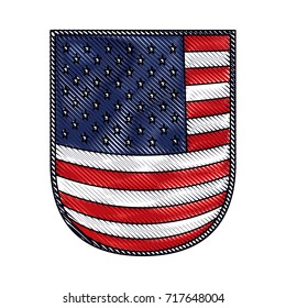 shield with flag united states of america in colored crayon silhouette vector illustration