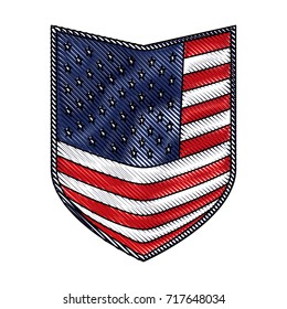 shield of flag united states of america in colored crayon silhouette vector illustration