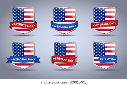 Shield with flag of USA around which is wrapped a ribbon on the of the Patriot, Veteran, Memorial day