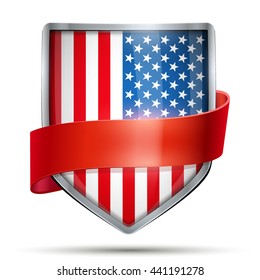 Shield with flag USA and ribbon. Editable Vector Illustration isolated on white background.