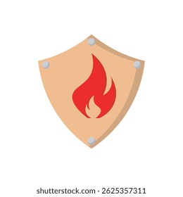 Ilustración vectorial de icono de escudo y llama. Ilustración vectorial de icono de tema de protección contra incendios. 