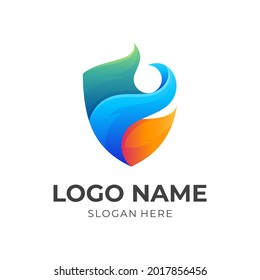shield flame logo template, shield and fire, combination logo with 3d colorful style