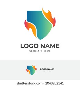 shield flame logo template, shield and fire, combination logo with flat blue and orange color style