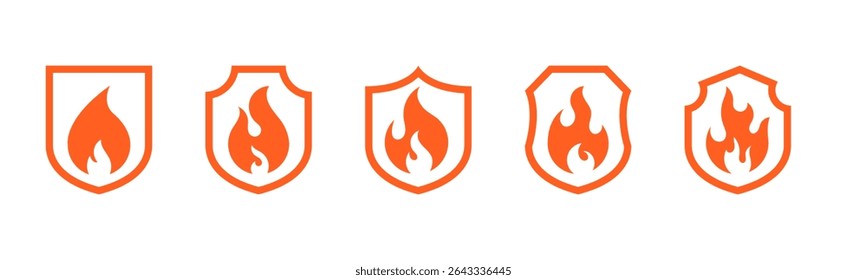 Conjunto de Ilustración vectorial de llama de escudo. Iconos y símbolos de escudo y fuego.