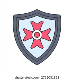 Schild Flacher Designstil, heraldischer Schild mit Kreuzmotiv, der Schutz und Heraldik darstellt, ideal für mittelalterliche, historische oder Emblem-Designs.