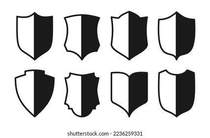 Shield flat icon set. Different shapes guard security sign with solid shadow. Police badge patch template. Knight heraldic award medieval royal vintage military emblem. Virus protection safety symbol