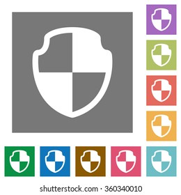 Shield flat icon set on color square background.
