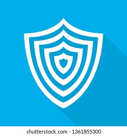 Shield in flat style. White shield with long shadow on blue background. Vector illustration.