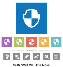 Shield flat white icons in square backgrounds. 6 bonus icons included.