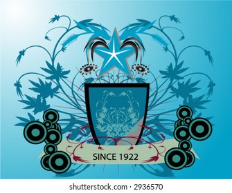 shield with floral theme on blue background
