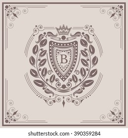 Shield with floral wreath monogram template for letter B. Elegant line ornament frame