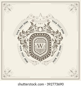 Shield with floral wreath monogram template for letter W. Elegant line ornament frame