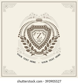Shield with floral wreath monogram template for letter Z. Elegant line ornament frame