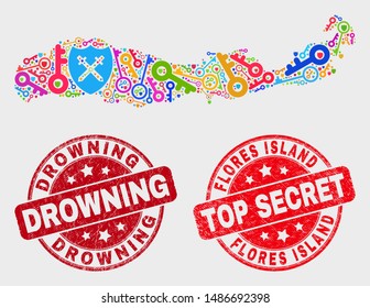 Shield Flores Island of Indonesia map and watermarks. Red round Top Secret and Drowning scratched watermarks. Colorful Flores Island of Indonesia map mosaic of different protection elements.