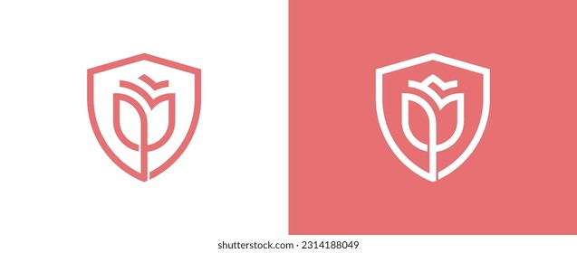 Shield Flower Rose Logo Concept sign symbol icon Element Design. Tulip, Cosmetics, Jewellery, Jewelry, Beauty, Health Care, Beauty salon, Boutique, Spa Logotype. Vector illustration template