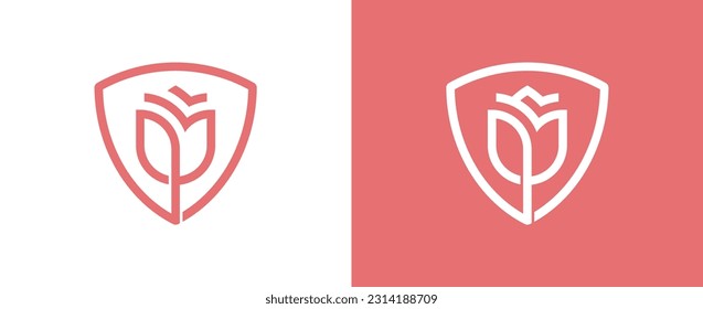 Shield Flower Rose Logo Concept symbol sign icon Element Design. Tulip, Cosmetics, Jewellery, Jewelry, Beauty, Health Care, Beauty salon, Boutique, Spa Logotype. Vector illustration template