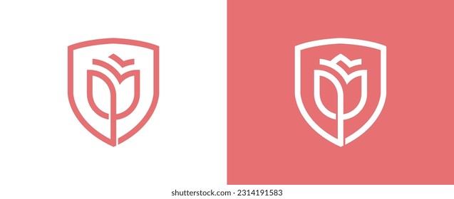 Shield Flower Rose Logo Concept symbol icon sign Element Design. Tulip, Cosmetics, Jewellery, Jewelry, Beauty, Health Care, Beauty salon, Boutique, Spa Logotype. Vector illustration template