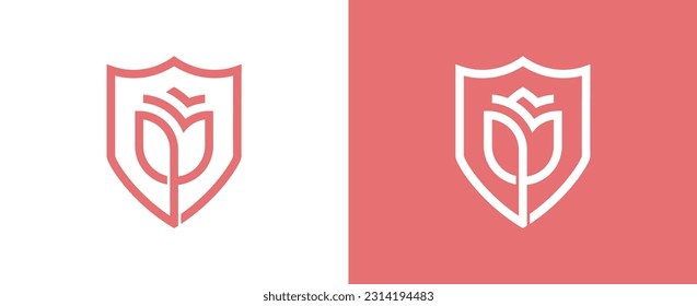 Shield Flower Rose Logo Concept icon sign symbol Element Design. Tulip, Cosmetics, Jewellery, Jewelry, Beauty, Health Care, Beauty salon, Boutique, Spa Logotype. Vector illustration template
