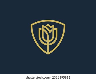Shield Flower Rose Logo Concept symbol icon sign Element Design. Tulip, Cosmetics, Jewellery, Jewelry, Beauty, Health Care, Beauty salon, Boutique, Spa Logotype. Vector illustration template