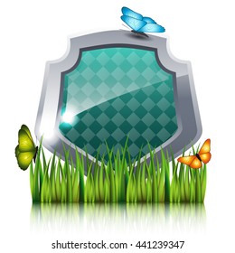Shield with flying butterflies by the grass. Nature protection concept. Vector illustration.