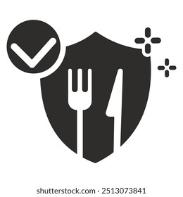 shield with fork and knife, food safety icon, flat vector illustration isolated on white background