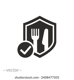 shield with fork and knife icon, food safety, ecological pure product, flat symbol - vector illustration