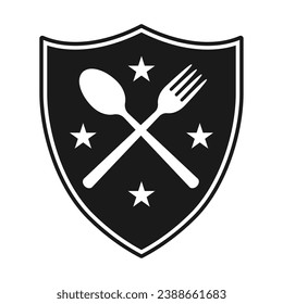 Shield, fork and spoon crossed icon. Coat of arms symbol. Restaurant heraldry logo sign. Vector illustration image.