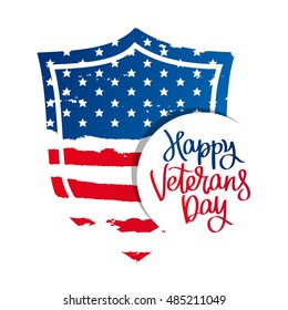 Shield in the form of an American flag. Happy Veterans Day. Vector illustration on white background. Great holiday gift card.