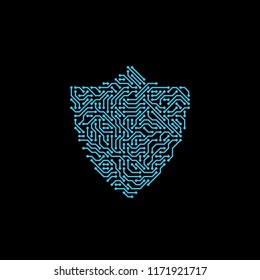 Shield In Form Of Circuit Board. Concept Of Cyber Defense And Data Protection. Vector Illustration