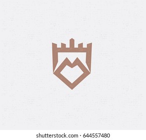 Shield fortress in the mountains. Vector logo in modern simple design. svg