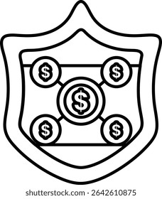 A shield with four dollar signs on it. The shield is black and white. The dollar signs are arranged in a way that they look like they are connected to each other