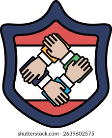 A shield with four hands holding hands. The shield is blue and red. The hands are in different colors